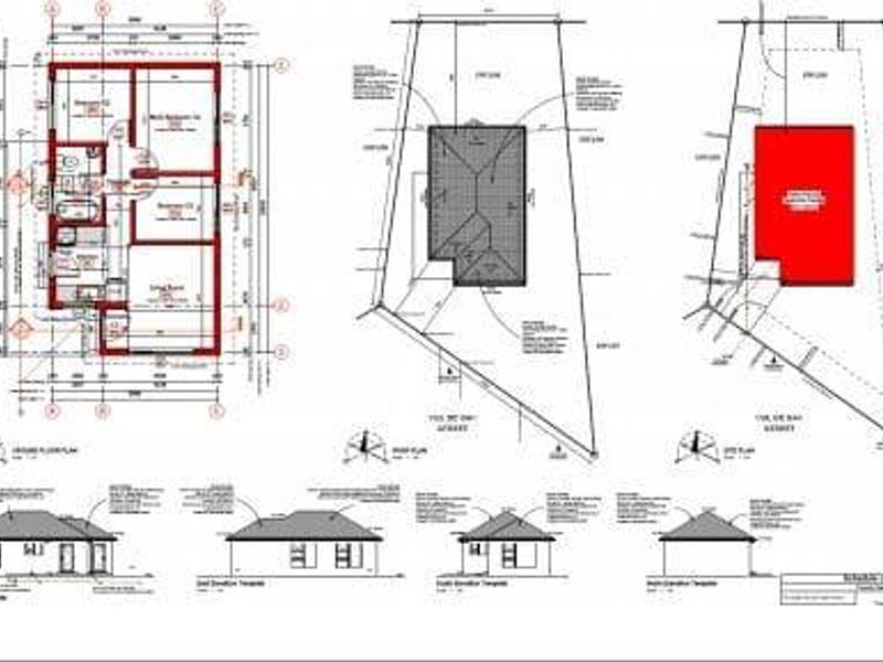 Architectural floor plan and site layout showing the building footprint, room dimensions, and exterior elevations for the property.