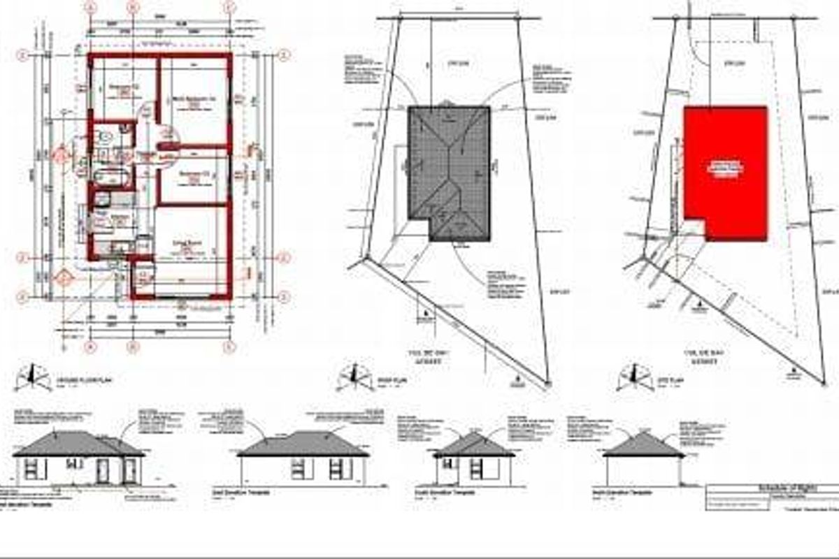 Architectural floor plan and site layout showing the building footprint, room dimensions, and exterior elevations for the property.