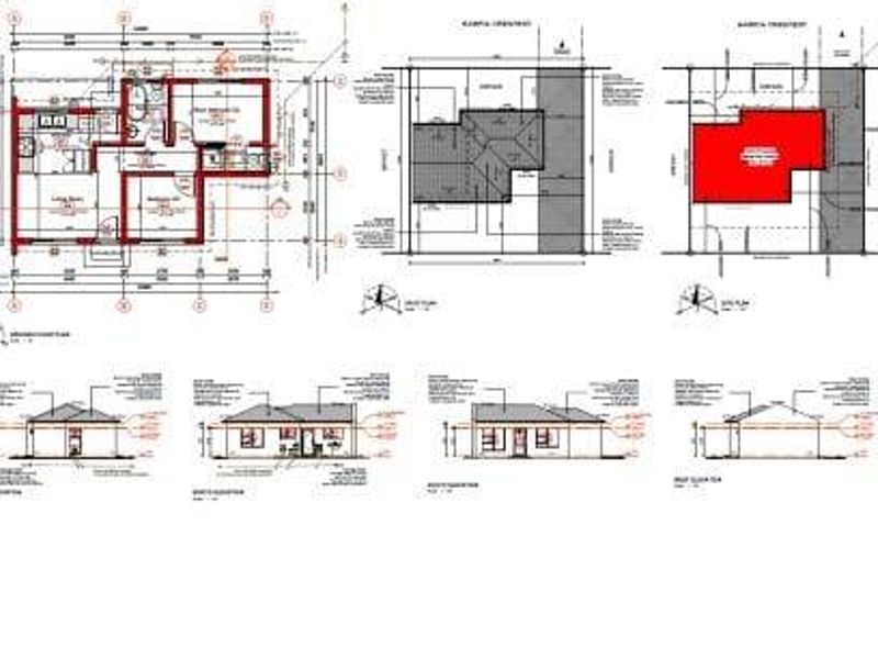 Architectural floor plan and elevation drawings detailing the layout and exterior design of the property.