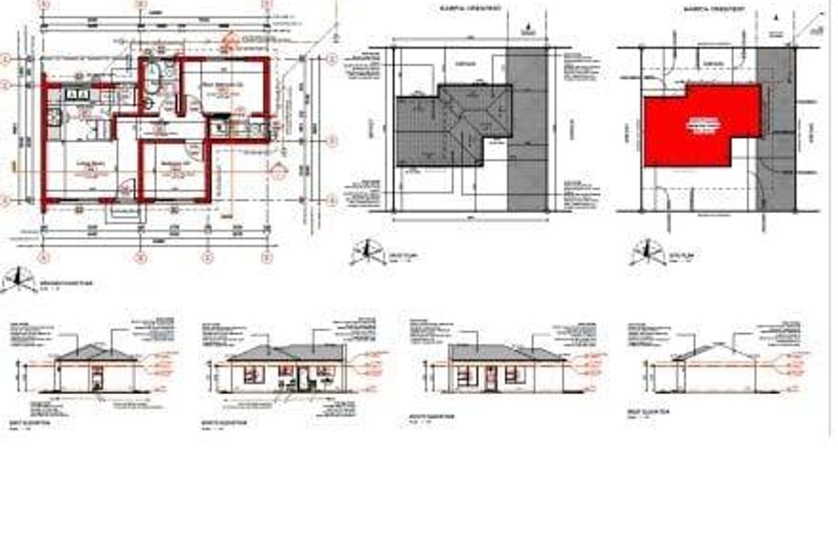 Architectural floor plan and elevation drawings detailing the layout and exterior design of the property.