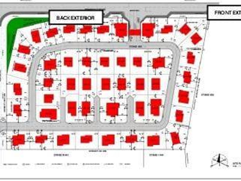 A site plan showing the layout of multiple residential stands within the development.