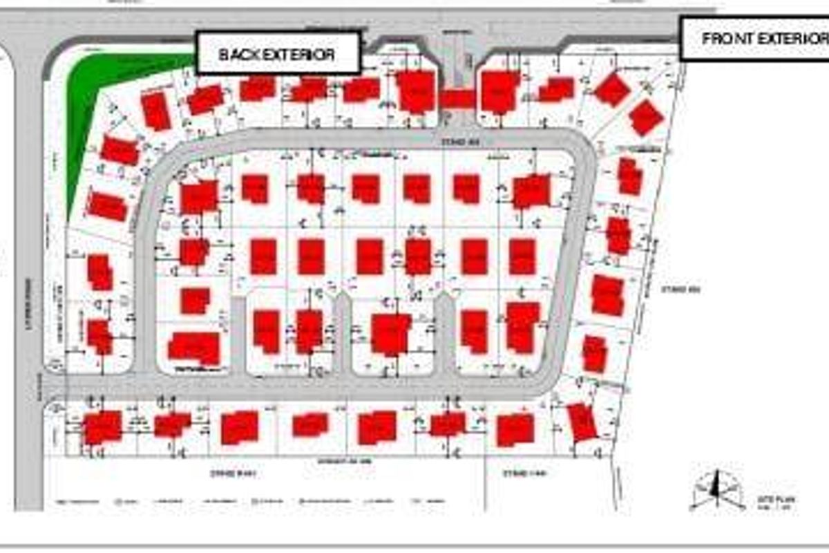 A site plan showing the layout of multiple residential stands within the development.