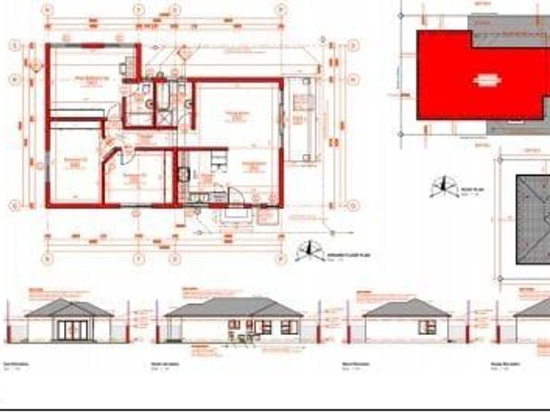 Architectural floor plan and elevation drawings for a three-bedroom, two-bathroom residential property with an open floor plan design.