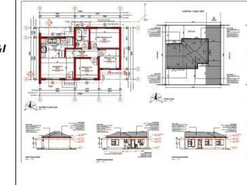 Architectural floor plan and elevation drawings for a 56m2 three-bedroom, one-bathroom residential property.
