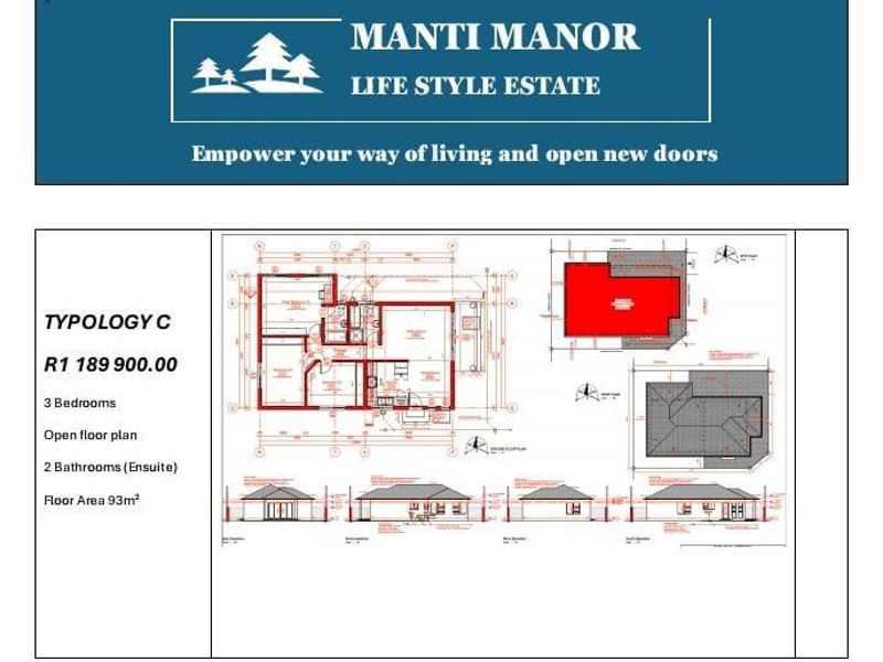Architectural floor plan and elevation diagrams for a 93m² three-bedroom, two-bathroom residential property at Manti Manor.