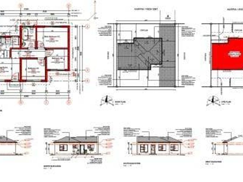 Architectural floor plan and elevation drawings detailing the layout and exterior design of the residential property.