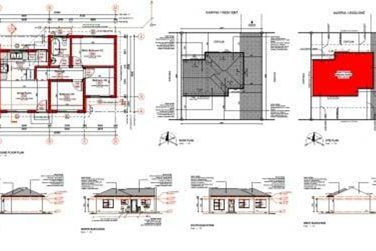Architectural floor plan and elevation drawings detailing the layout and exterior design of the residential property.