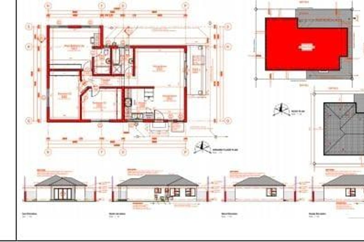 Architectural floor plan and elevation drawings for a three-bedroom, two-bathroom residential property with an open floor plan design.