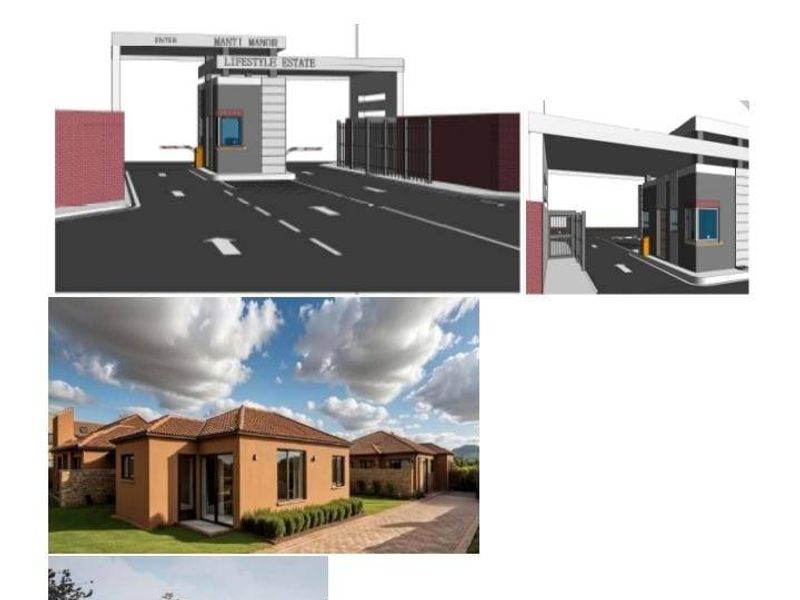 A promotional collage showcasing the entrance gate and residential building designs for Manti Manor Lifestyle Estate.