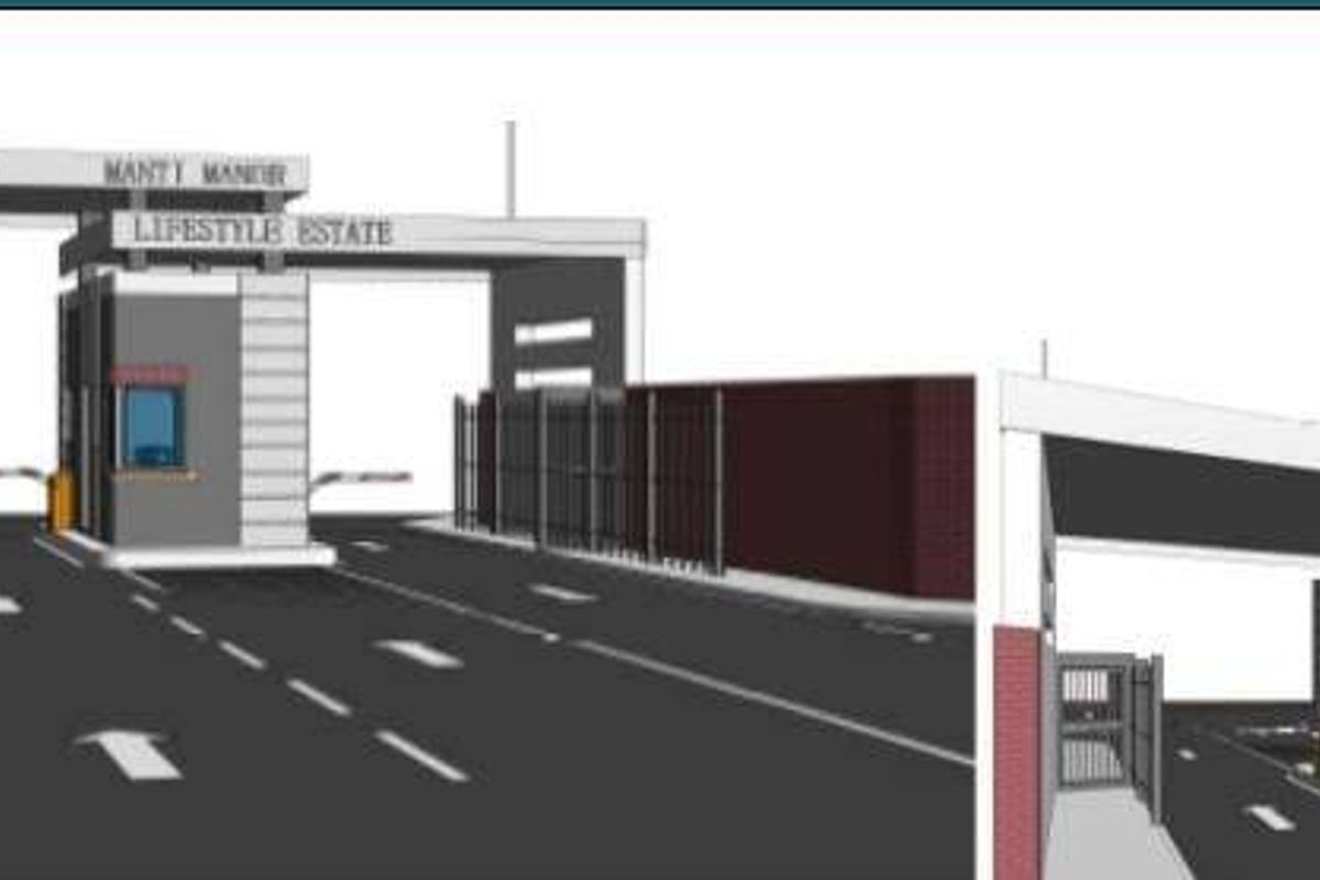 A 3D architectural rendering of the Manty Manor Lifestyle Estate entrance gatehouse, featuring security infrastructure and controlled access points.