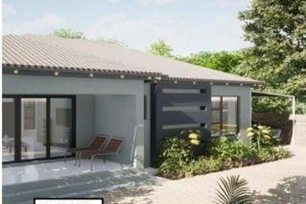 A modern rear exterior view featuring a covered tiled patio, sliding glass doors, and a well-maintained paved area with landscaped garden beds.