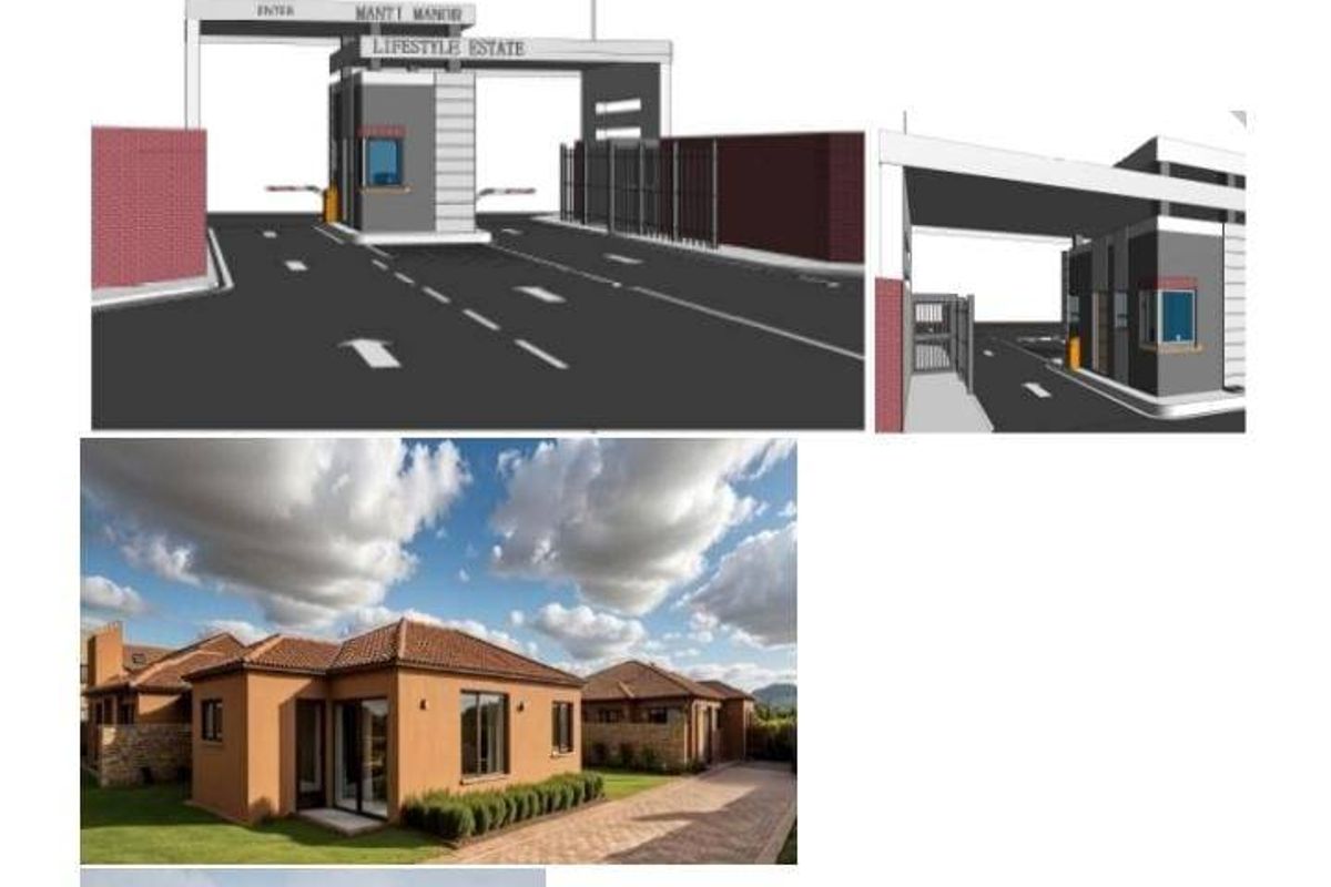 A promotional collage showcasing the entrance gate and residential building designs for Manti Manor Lifestyle Estate.