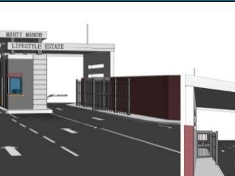 A 3D architectural rendering of the Manty Manor Lifestyle Estate entrance gatehouse, featuring security infrastructure and controlled access points.