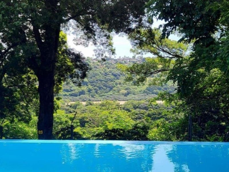 An infinity edge swimming pool overlooking a lush green landscape and hillside view.