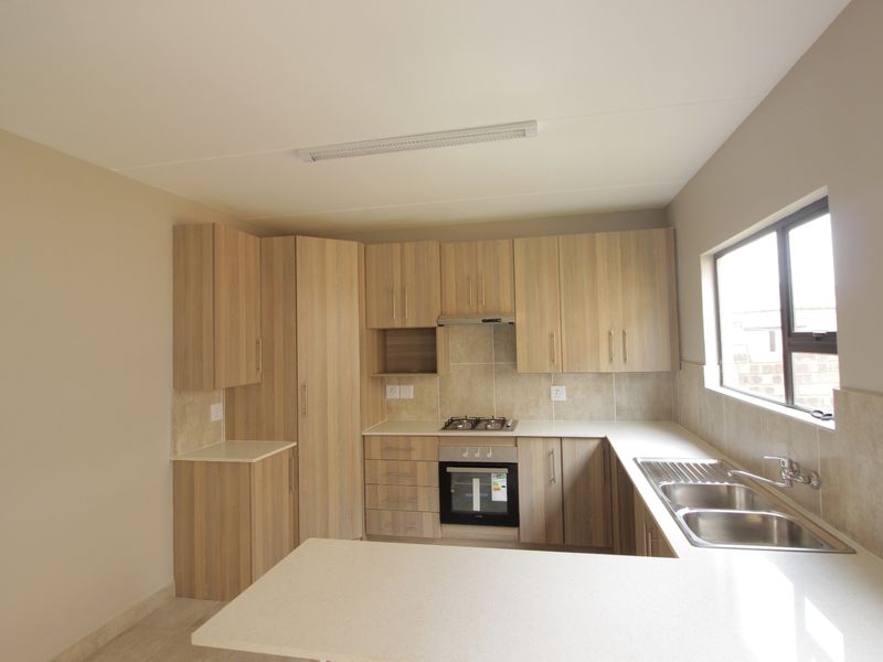 A clean, modern kitchen featuring light wood-finish cabinetry, stone countertops, a built-in oven, gas hob, and a double stainless steel sink.