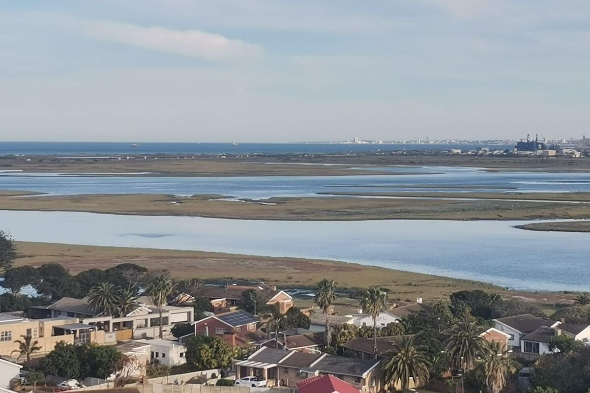 A scenic elevated view overlooking the surrounding residential neighborhood, coastal wetlands, and the distant ocean horizon.