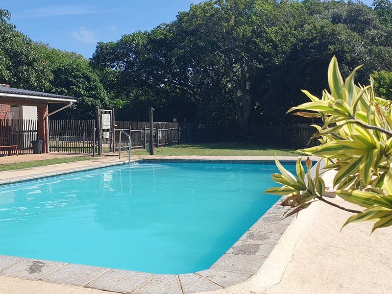 A well-maintained outdoor swimming pool area featuring a paved deck, brick structure, and timber fencing, set within a landscaped garden environment.