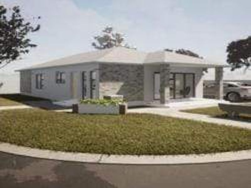 A modern single-story residential property featuring stone cladding, a covered patio entrance, and a well-maintained front lawn and driveway.