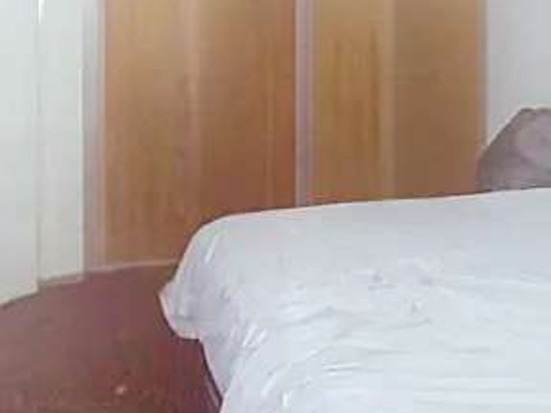 A bedroom featuring a large built-in wooden wardrobe and timber flooring.