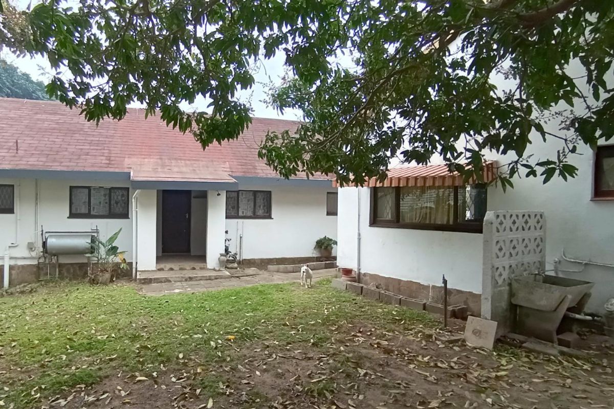 Rear view of the property featuring a tiled roof, concrete patio area, external geyser, and a traditional concrete wash basin.