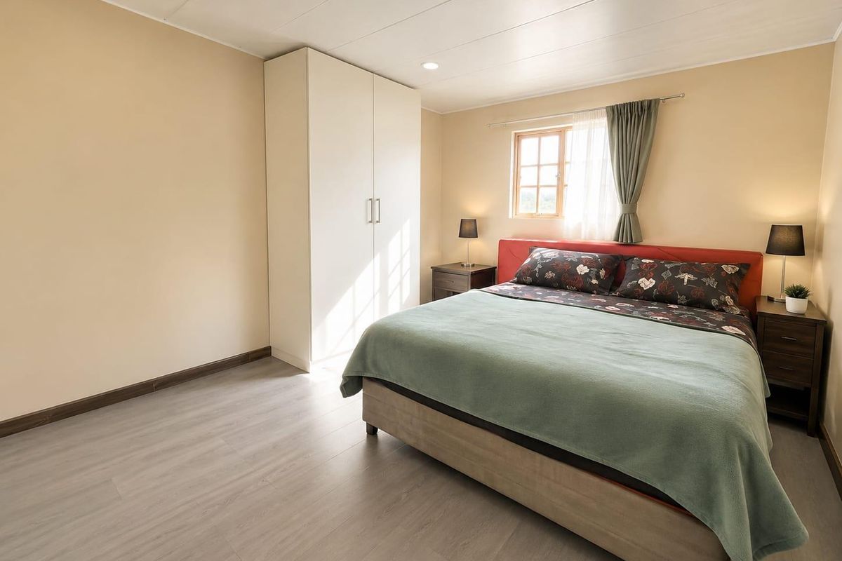A well-maintained bedroom featuring light-toned laminate flooring, a built-in wardrobe, and a timber-framed window providing natural light.