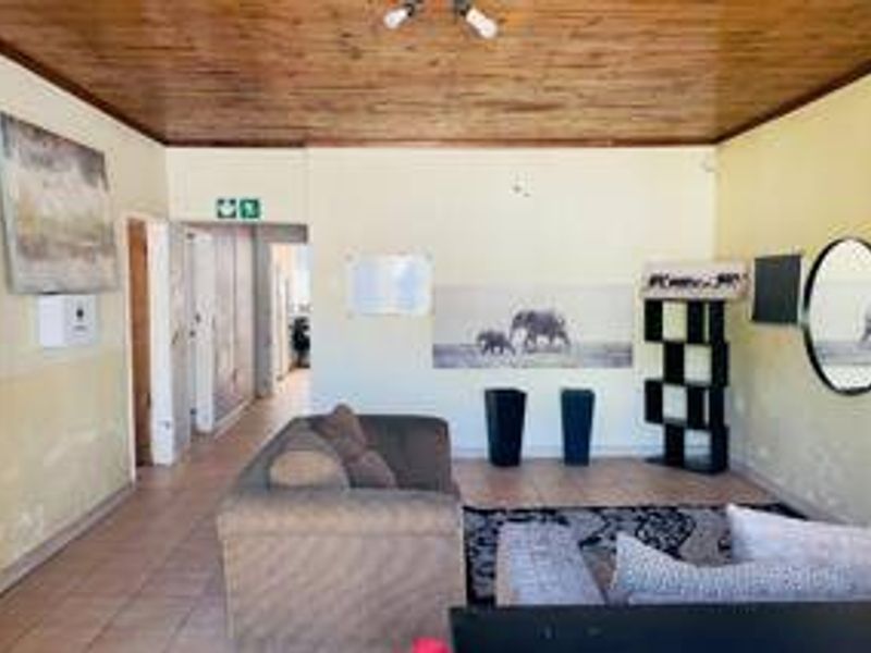 Living room featuring a timber ceiling and tiled flooring, currently showing signs of wear on the lower wall surfaces.