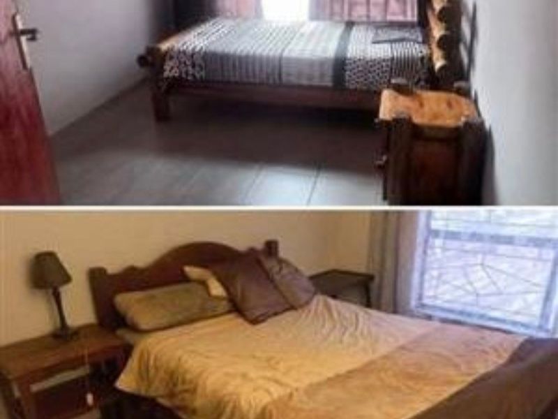 A bedroom featuring a window and door, presented as a collage of two different angles.