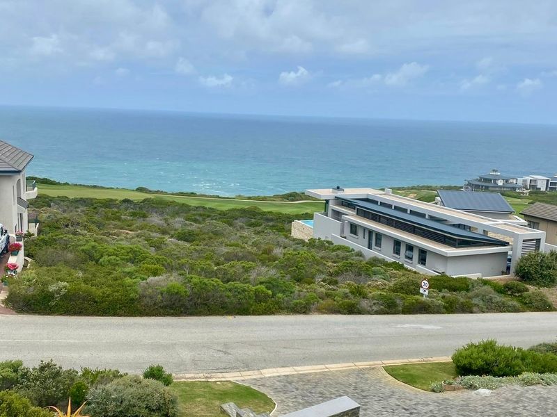 Elevated coastal view overlooking a swimming pool, landscaped grounds, and the ocean horizon.