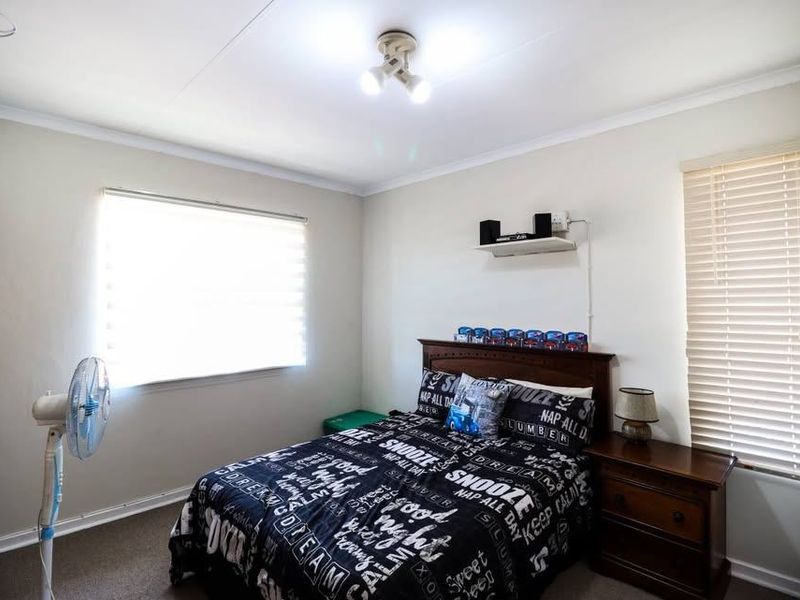 A well-lit bedroom featuring neutral walls, carpet flooring, and dual windows fitted with roller blinds.