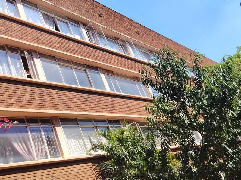 A view of the rear brick facade of a multi-story apartment building featuring large windows and established surrounding greenery.