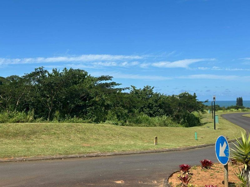 A view of the street frontage and surrounding landscape, featuring a paved road, manicured verge, and distant ocean views.