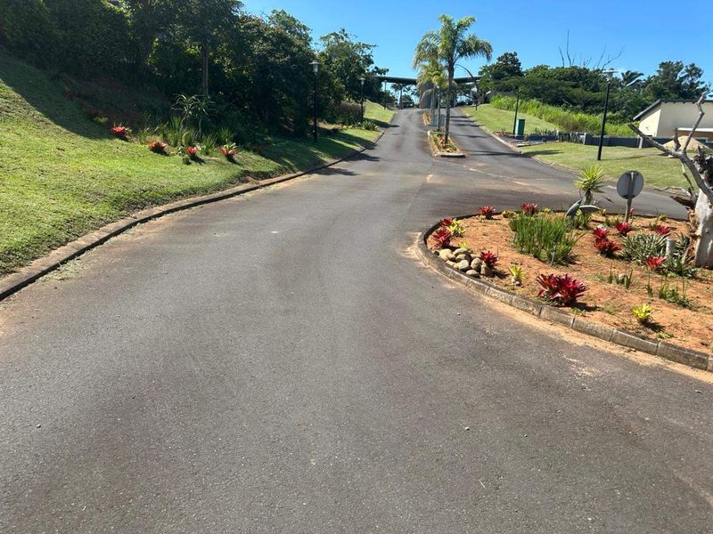 A view of the paved access road and landscaped garden beds within the residential estate.
