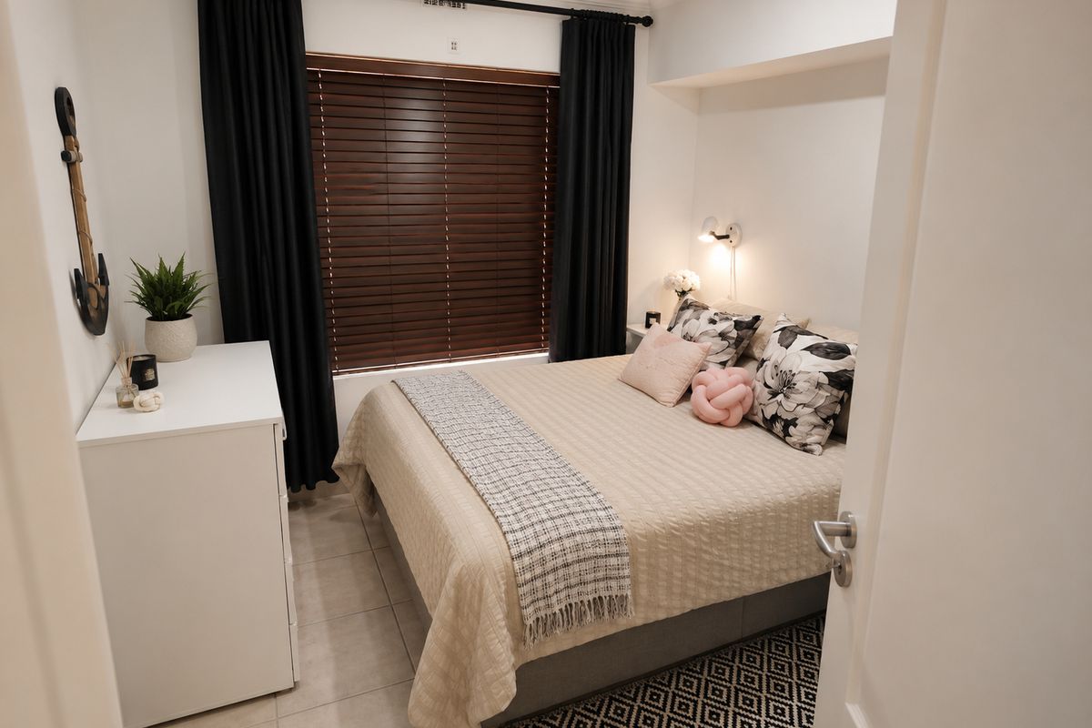 A well-maintained bedroom featuring tiled flooring, recessed lighting, and wooden venetian blinds, offering a clean and functional living space.