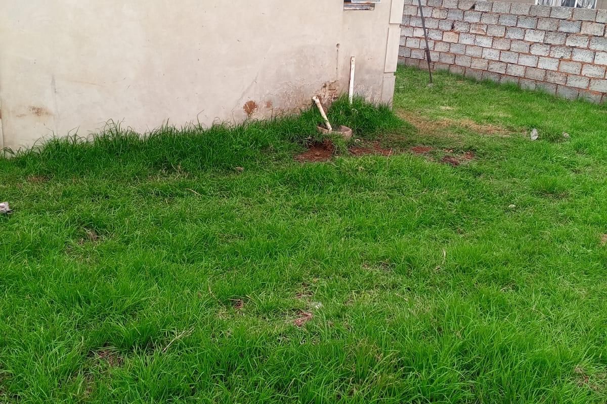 Rear exterior view of the property showing a grassed yard, concrete block boundary wall, and exposed exterior wall finishes.
