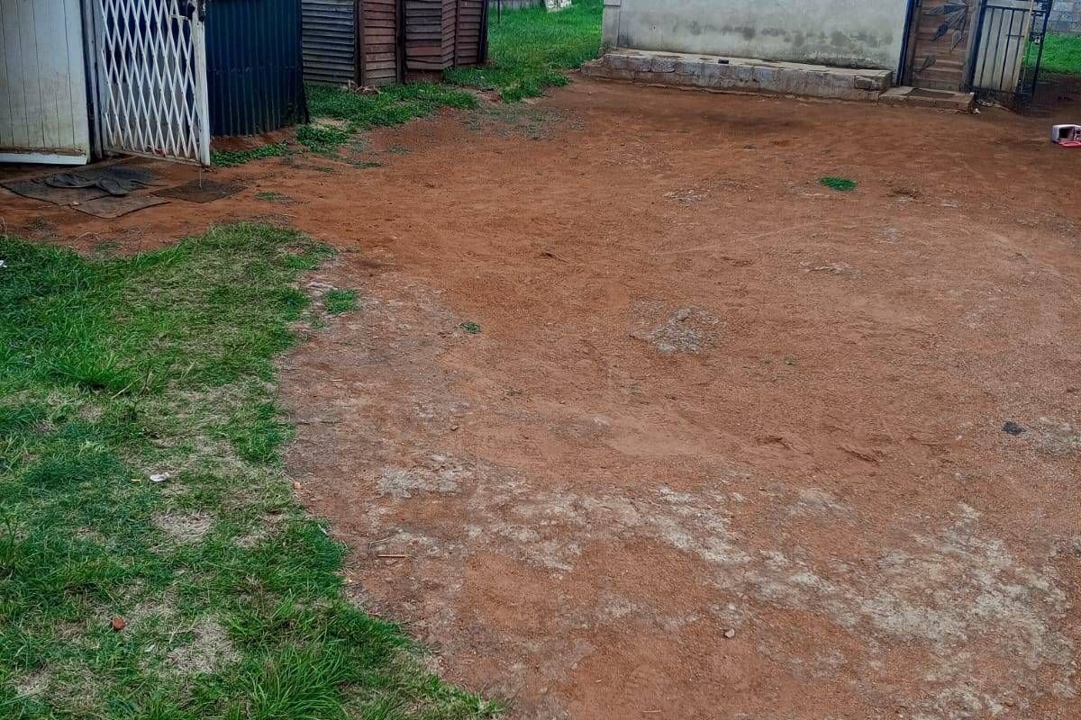 Rear yard area featuring multiple outbuildings with corrugated metal and masonry construction, set on an unpaved ground surface.
