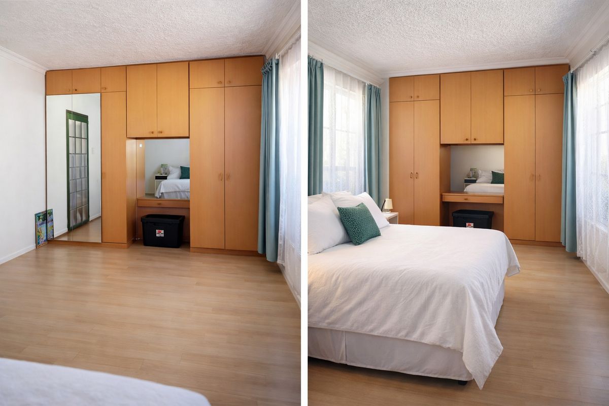 A bedroom featuring light laminate flooring and extensive built-in wooden cabinetry with an integrated vanity and mirrored wardrobe doors.