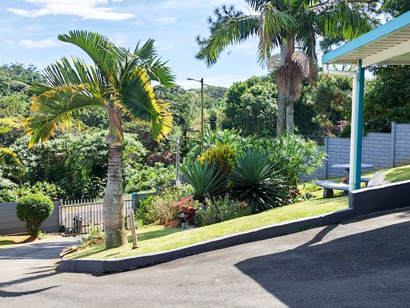 A well-maintained garden area featuring a paved driveway, concrete retaining wall, and a covered patio space overlooking lush greenery.