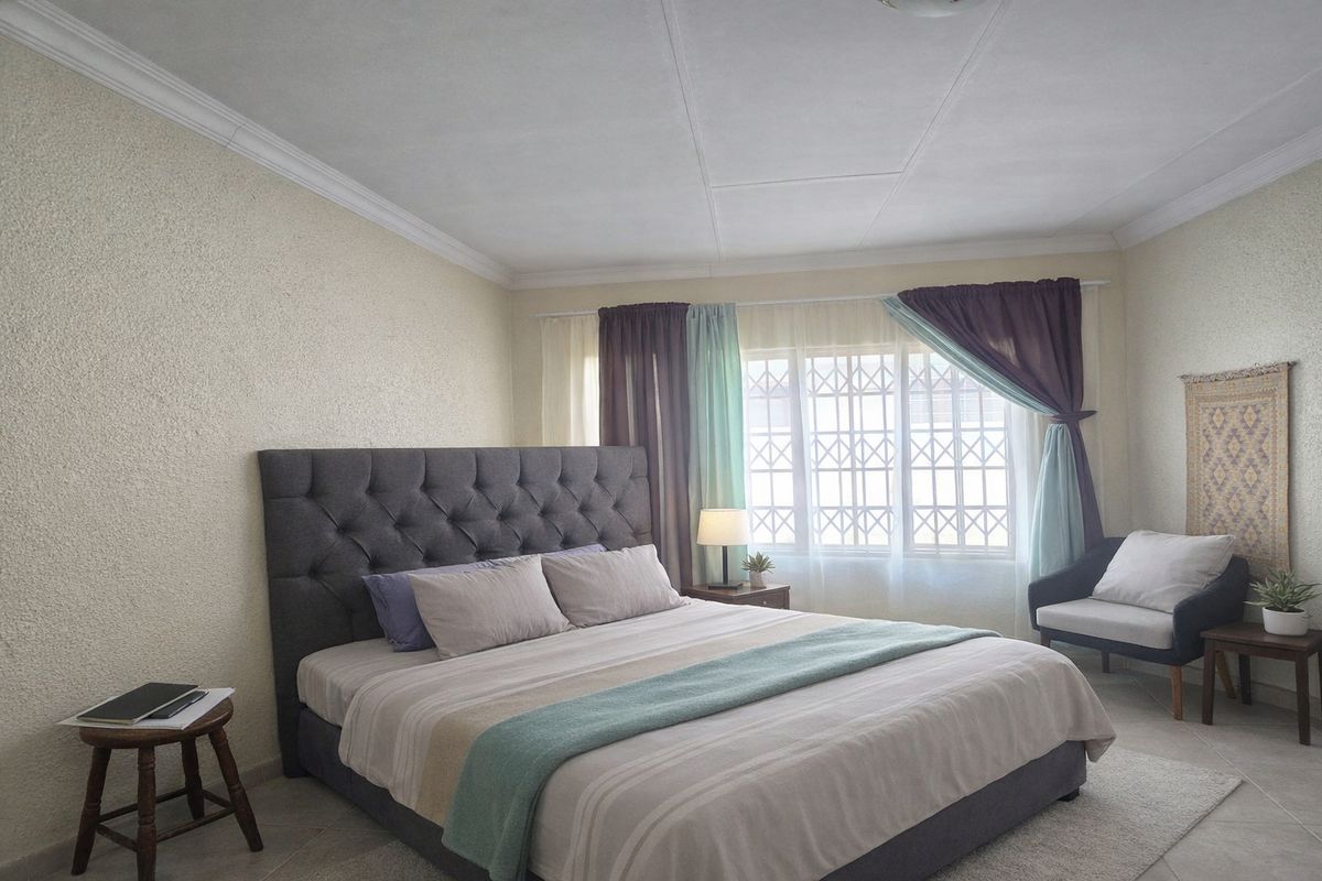 A well-lit bedroom featuring tiled flooring, crown molding, and security bars on the window.