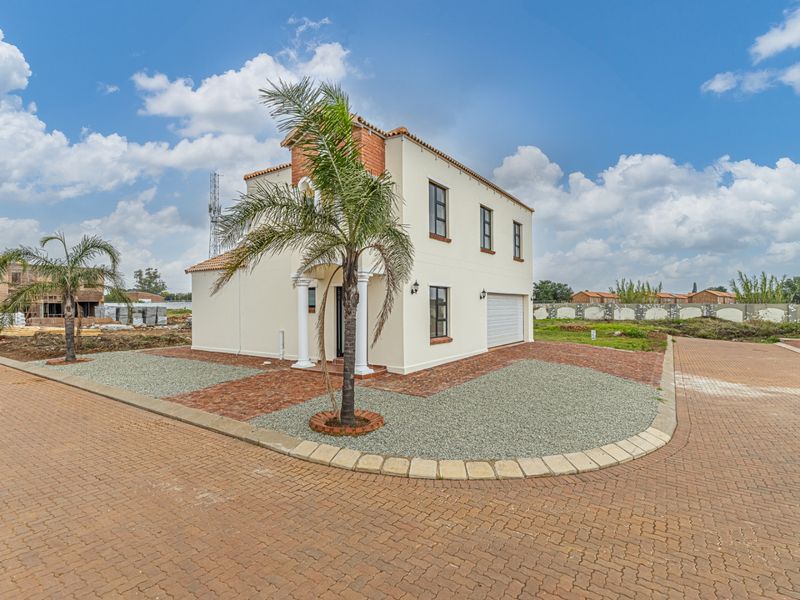 A modern two-story residential house featuring a brick driveway, gravel landscaping, and a built-in garage, situated in a developing estate.