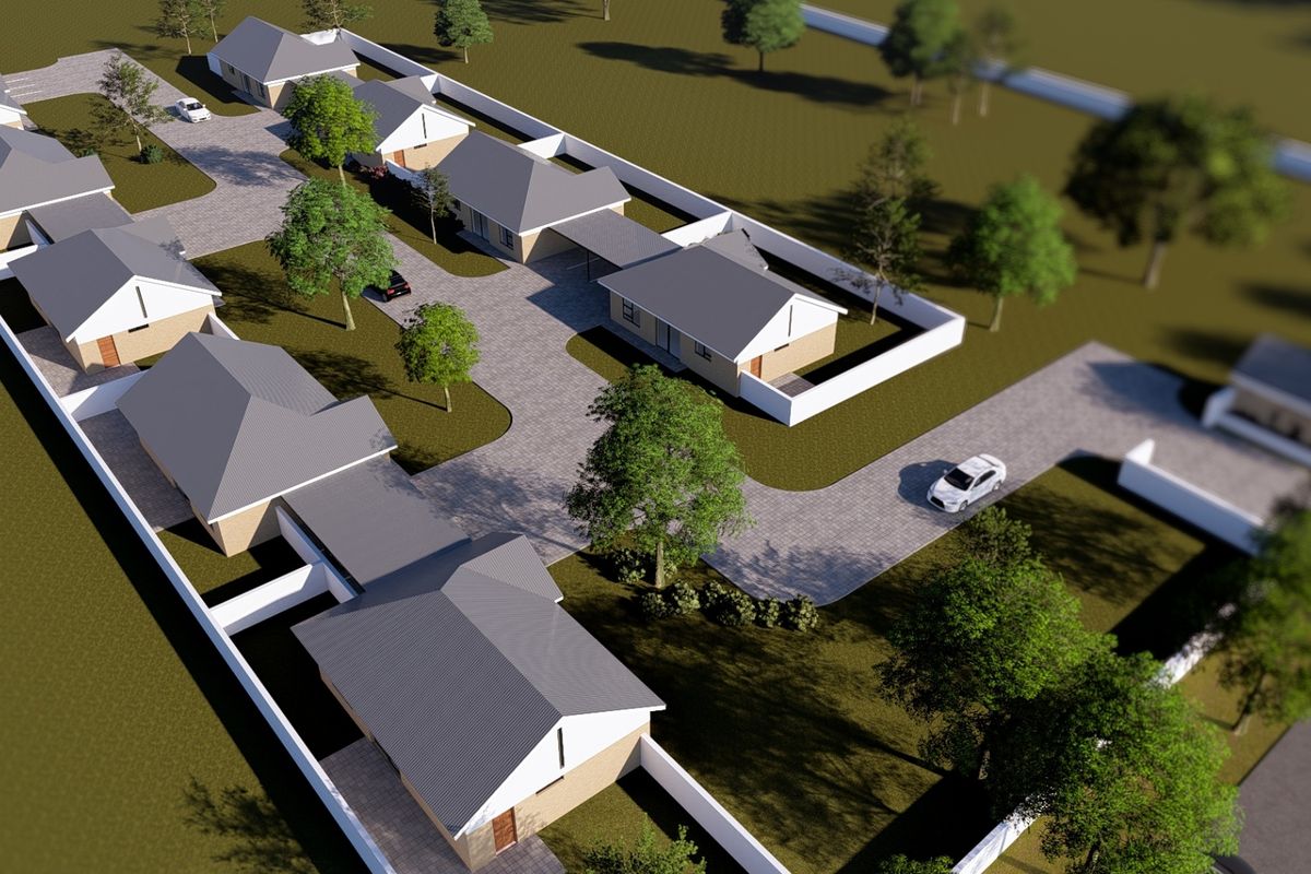 An aerial 3D render showing the layout of a townhouse complex with paved driveways, boundary walls, and multiple residential units.