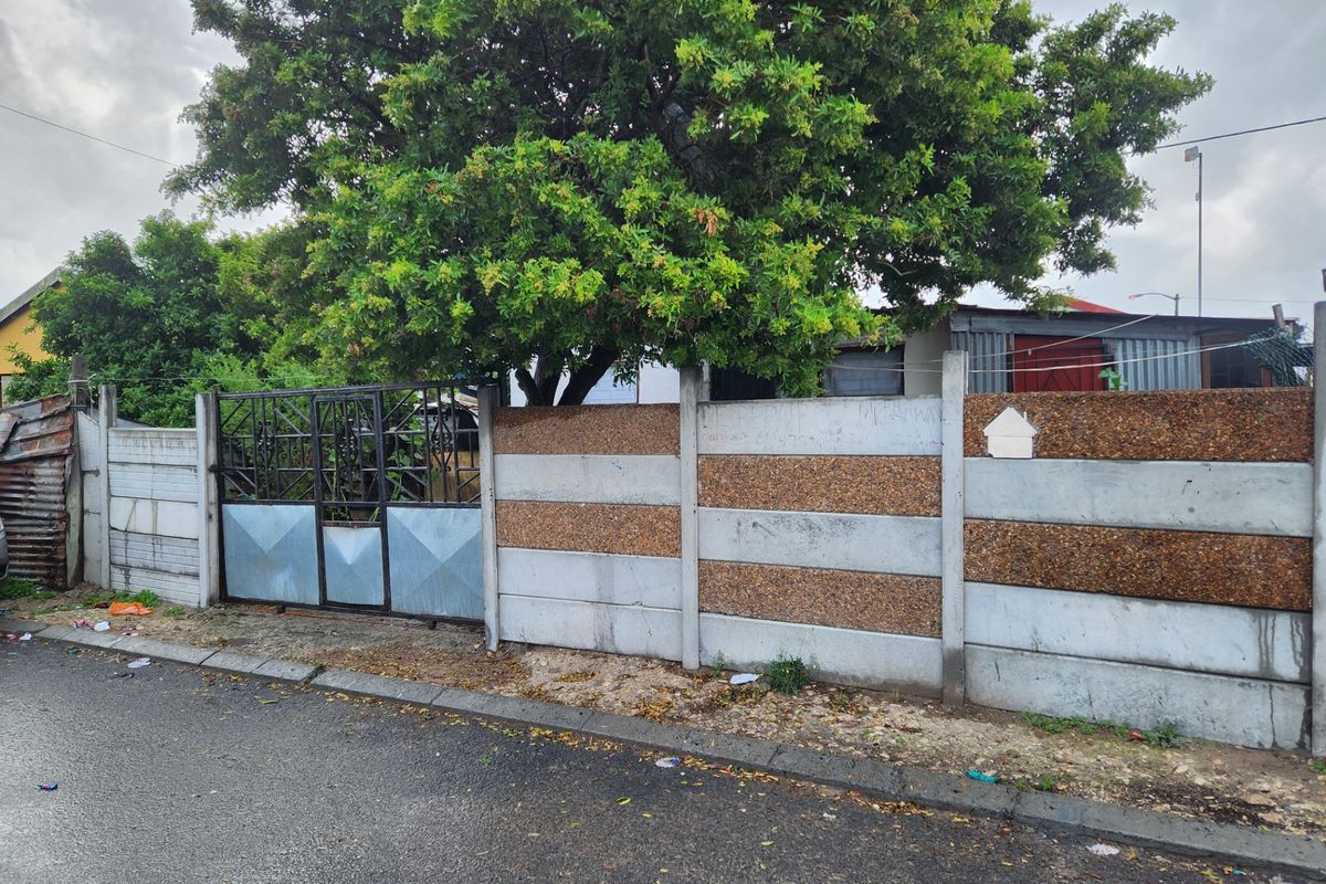 Street view of the property boundary featuring a precast concrete wall, metal gate, and mature tree, showing signs of wear and maintenance requirements.