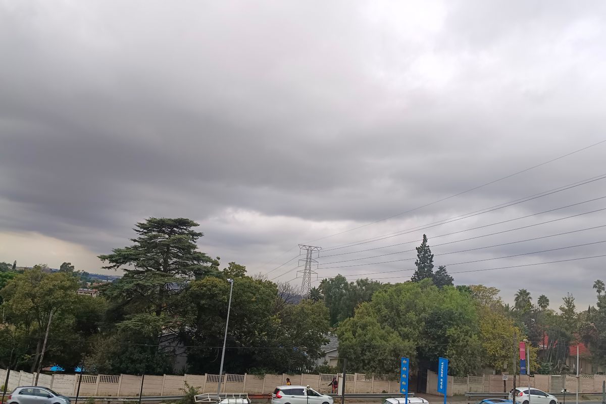 An elevated view of the surrounding neighborhood landscape featuring mature trees, power lines, and a perimeter wall under an overcast sky.