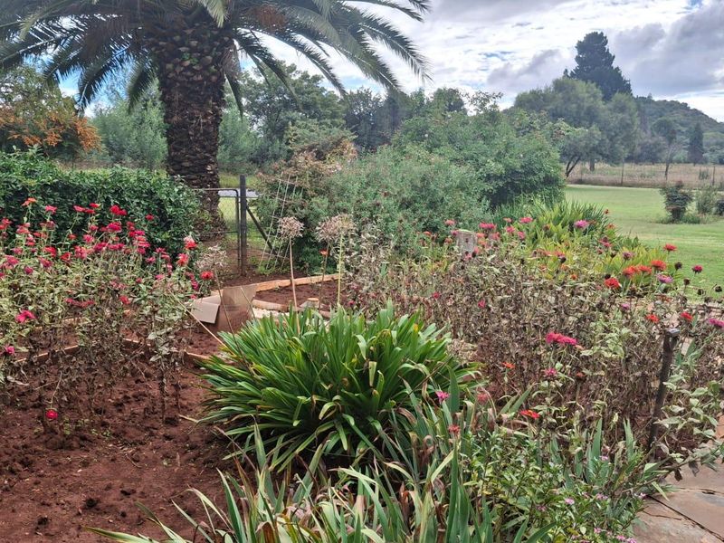 A lush garden area featuring mature landscaping, established flower beds, and a stone-paved patio area overlooking the surrounding greenery.