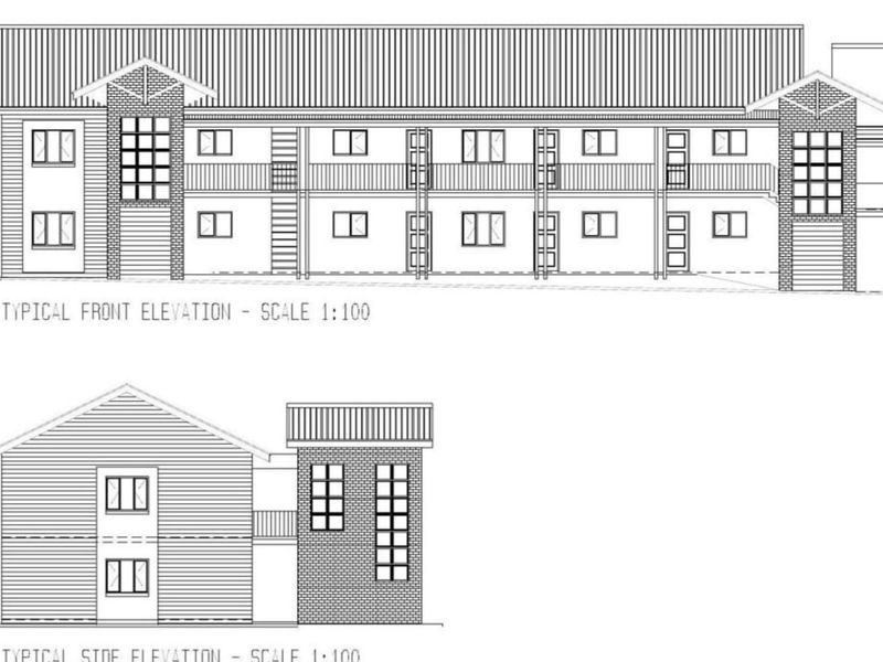 Architectural drawing showing the typical front and side elevations of the apartment building structure.