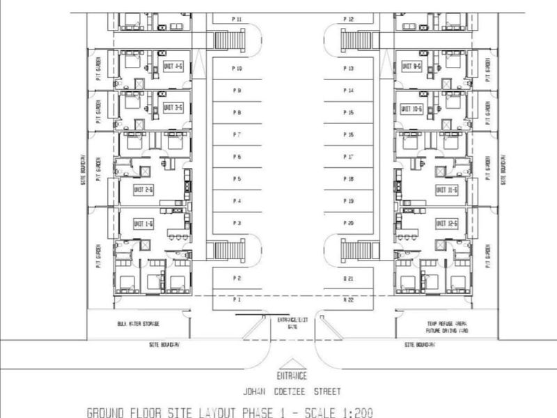 Ground floor site layout plan for Phase 1, showing unit positioning, parking bays, and site boundaries.