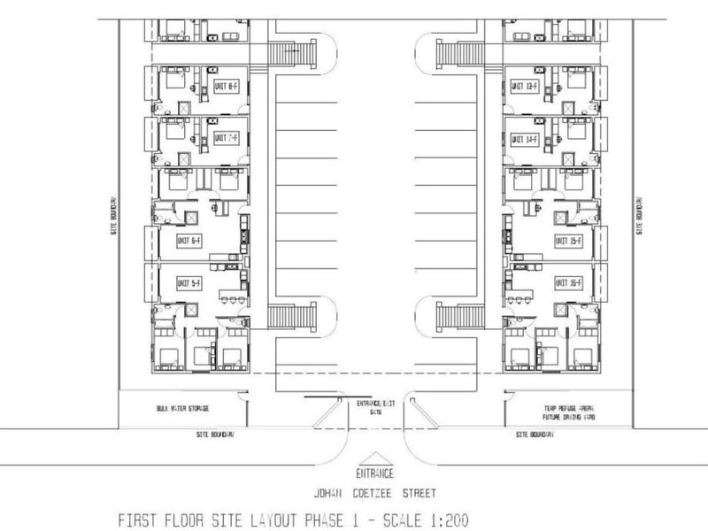 A detailed first-floor site layout plan showing the arrangement of apartment units, parking bays, and site access from Johan Coetzee Street.