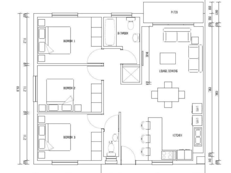 Architectural floor plan showing a three-bedroom apartment layout with an open-plan kitchen, lounge, dining area, bathroom, and patio.