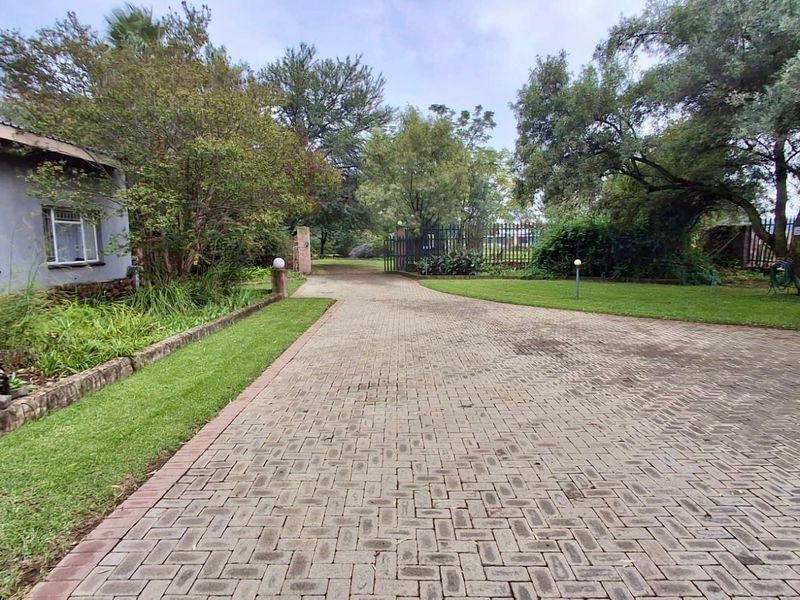 A paved driveway leading towards the property entrance, featuring established garden landscaping and mature trees.