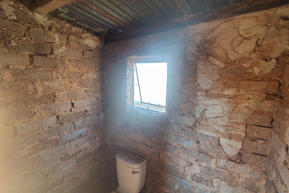A basic bathroom space featuring exposed brick walls, a corrugated metal roof, and a single window, currently in need of significant renovation and finishing.