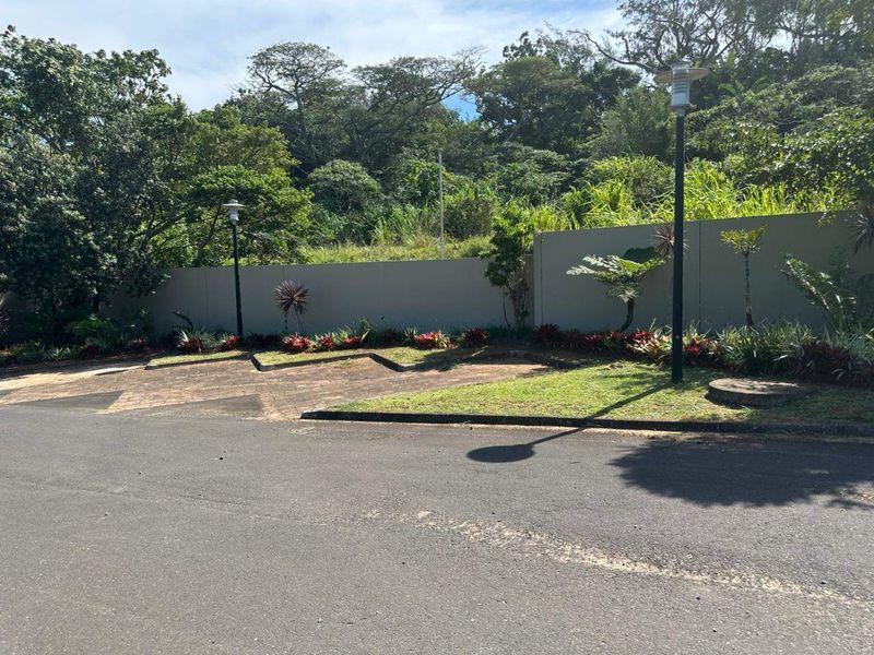 A well-maintained residential plot featuring a paved driveway, boundary wall, and established garden landscaping with integrated lighting.